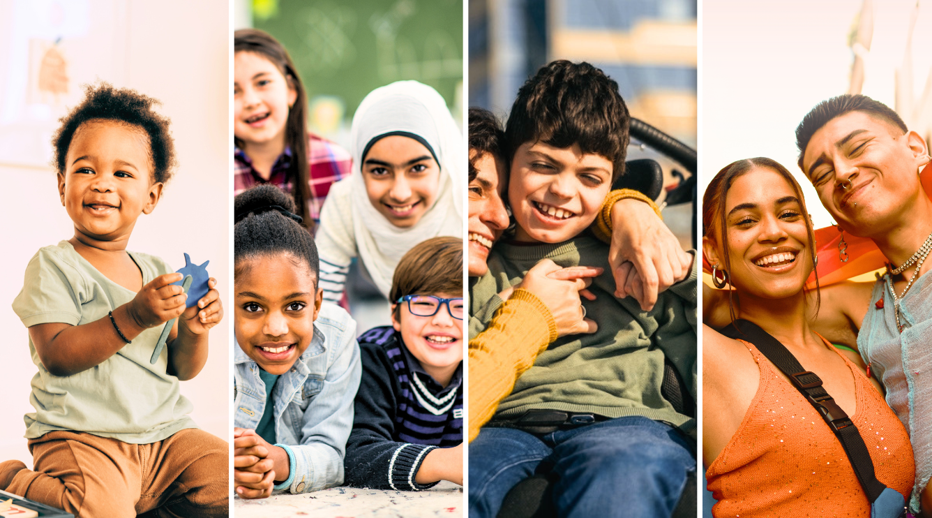 A diverse collage of smiling children, youth, and adults celebrating inlcusion.