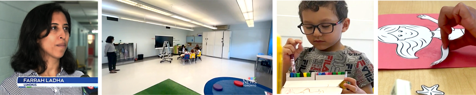 CTV News Toronto segment collage featuring a young woman, a classroom, a child wearing glasses holding markers, and artwork.